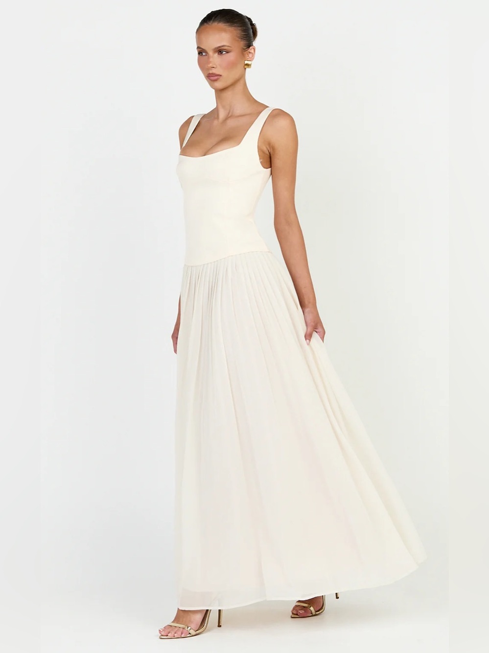 Showpo AMOURA MAXI DRESS Square Neck Contrast Pleated Georgette Dress In Cream